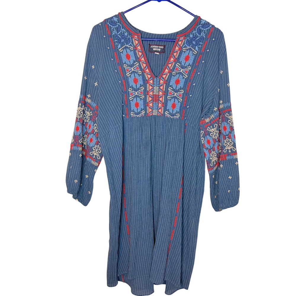 Johnny Was Workshop Dress L Boho Blue Pinstripe Embroidered Cotton V-Neck Tunic